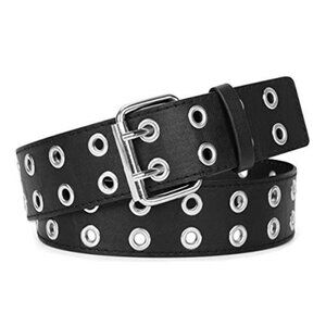 Double Grommet Punk Belt Black Vegan Leather Studded Belt for Women Men Jeans